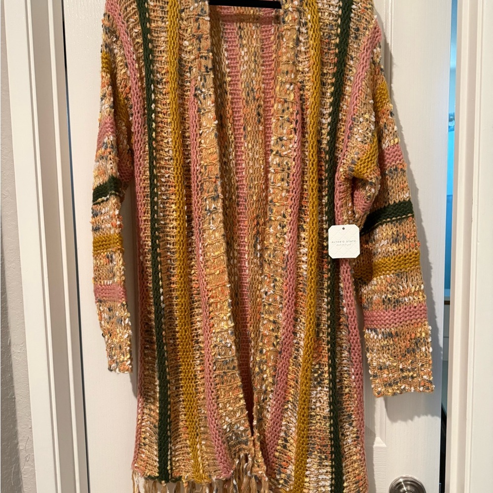 Altard State Multicolor Fringe Knit Cardigan Sweater - Pink, Yellow, Green